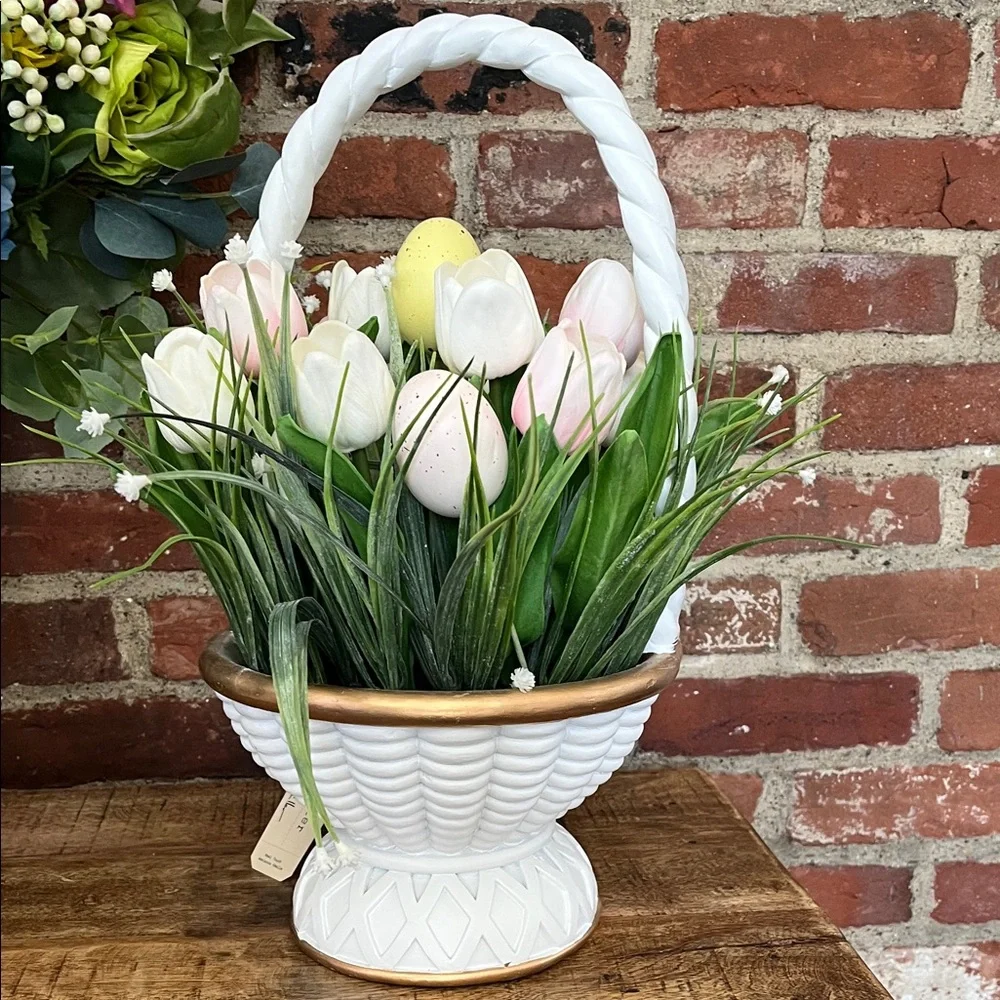 Nicole Miller White Basket Planter with Pink & White Tulips and Pastel Eggs